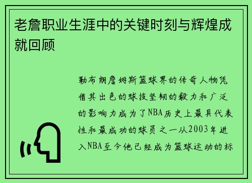 老詹职业生涯中的关键时刻与辉煌成就回顾